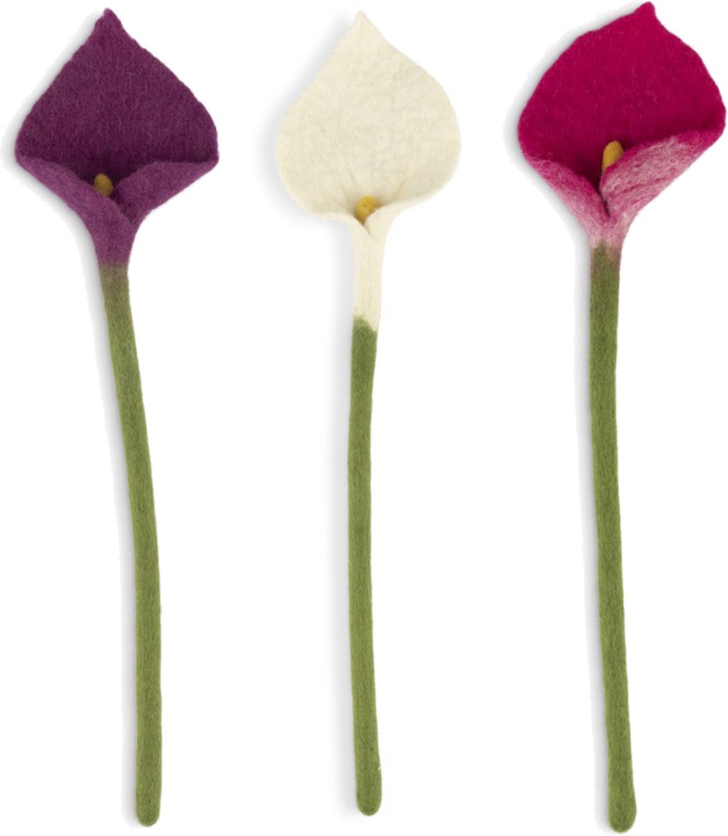 Fairtrade Vilt - Bloemen Calla 50cm - Assorti 3 st- Magenta/Paars/Wit - xxcm - Homedeco