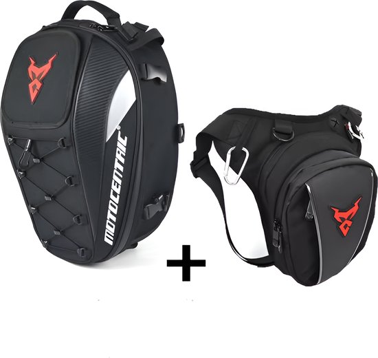 Combinaison d'une sacoche de selle moto noire et d'une sacoche de cuisse, toutes deux avec des logos rouges.