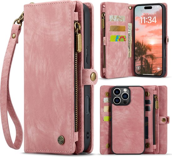 Foto: Geschikt voor iphone 16 pro max hoesje solidenz wallet case telefoonhoesje 16 pro max 16 pro max case met pasjeshouder met ritsvak met polskoord portemonee hoes roze