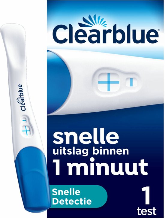 Clearblue zwangerschapstest met blauwe dop, met tekst 'snelle uitslag binnen 1 minuut'.