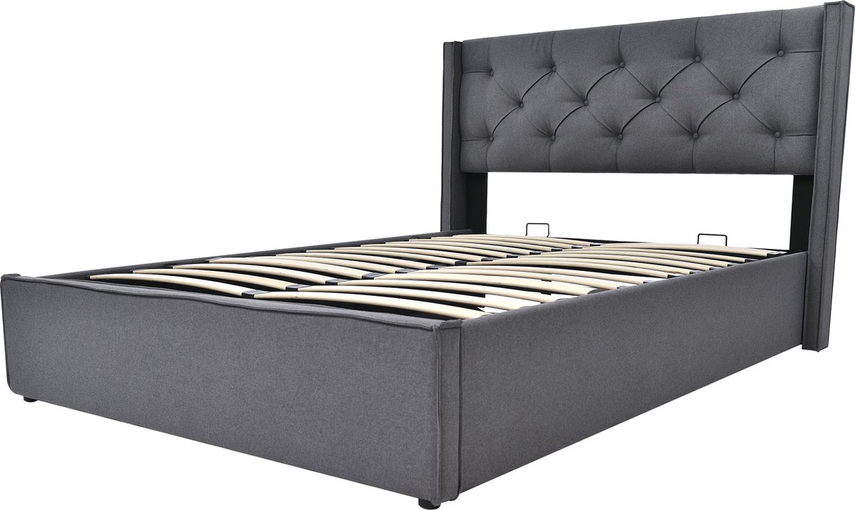 Merax Gestoffeerd Bed met Opbergruimte en Matras – 140x200 cm – Grijs – Inclusief Houten Lattenbodem – Modern Bed met Hoog Hoofdbord en Hydraulisch Systeem