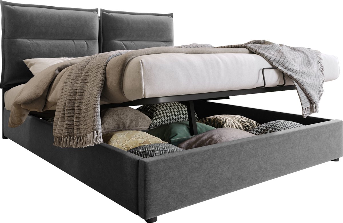Merax Hydraulisch Gestoffeerd Bed 140 x 200 cm met Verstelbaar Hoofdbord - Lattenbodem en Opbergruimte - Grijs Fluweel - Zonder Matras