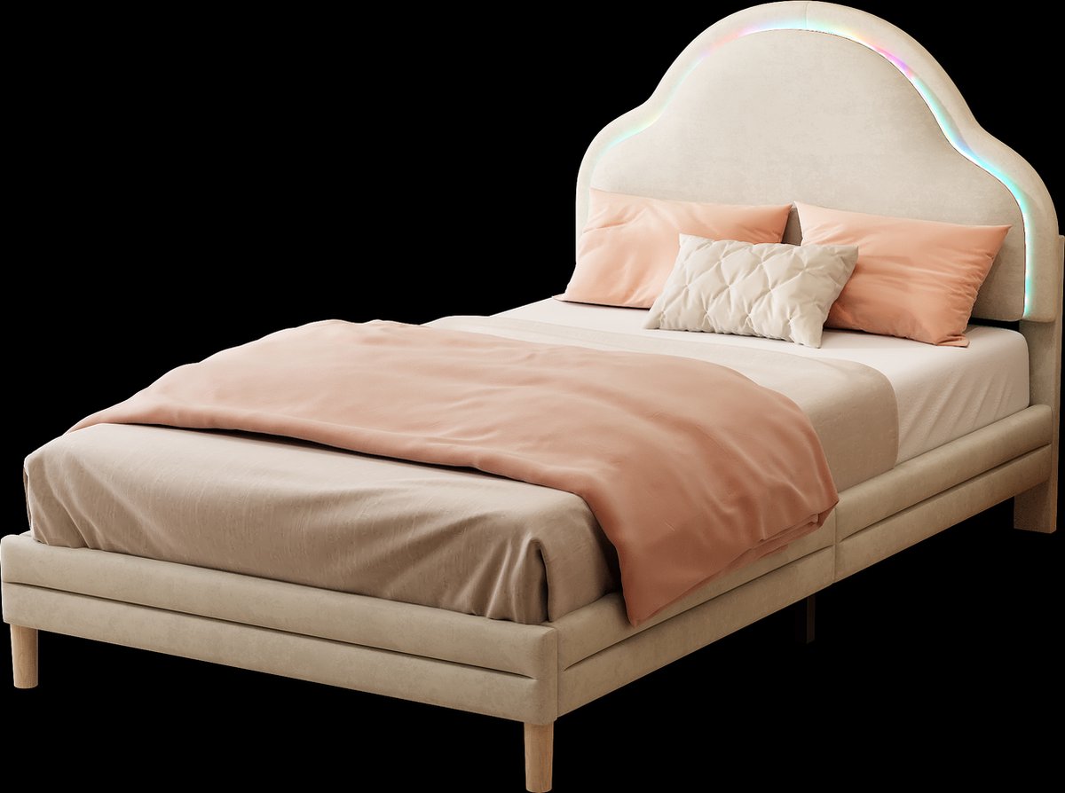Merax Kinderbed 90x200 cm met Wolkenvormig Hoofdeinde en LED Verlichting - Beige Fluweel - Met Houten Lattenbodem Wit