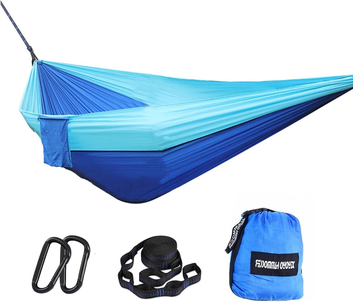 Lichtgewicht draagbare dubbele hangmat voor 2 personen Nylon Camping en backpacken Inclusief boomriemen en aluminiumlegering karabijnhaken 260 cm bij 140 cm