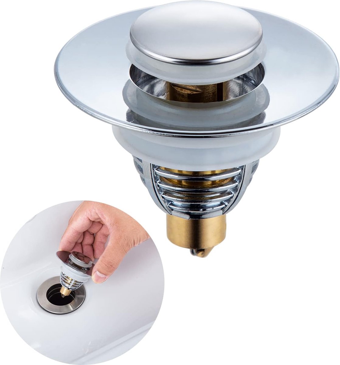 Goedkoopste Diameter 34-38 mm RVS universele pop-up plug spoelbak met 2 afdichtingen, afvoerplug afvoerfitting met anti-verstoppingszeef, voor opzetwastafel, badplug