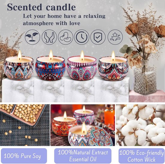 Geurkaarsenset, bloemen, aromakaarsen, 9 stuks, cadeauset, natuurlijke sojawas, aromatherapie, kaarsen, kerstkaarsen voor moeder, badkamer, verjaardag, yoga, jubileum, dames, geschenken