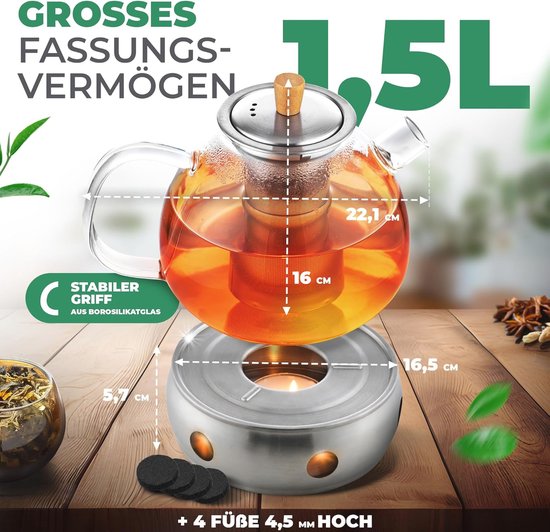Ecooe Glazen Theepot theepot 1000 ML met RVS Filter Glazen Kan