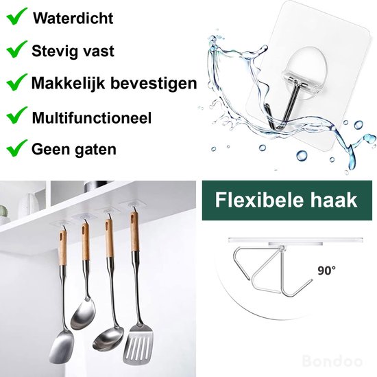 Keukengerei met houten handgrepen hangt aan transparante haken onder een plank. Een flexibele haak wordt getoond, die 90 graden kan buigen.