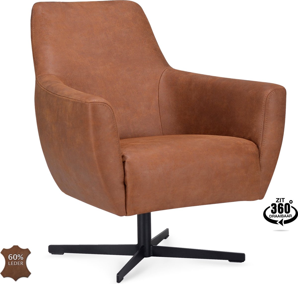 Icon Living - Fauteuil Pearl - Microleder Bull Camel - Poot Zwart 360° Draaibaar