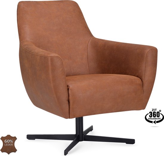 Icon Living - Fauteuil Pearl - Microleder Bull Camel - Poot Zwart 360° Draaibaar