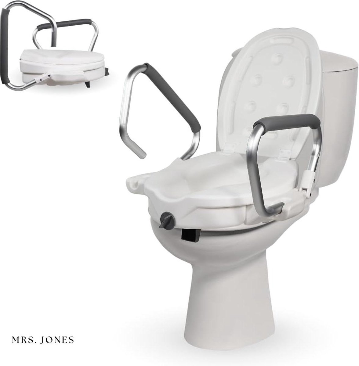 Mrs. Jones Toiletverhoger voor volwassenen 17cm met Opklapbare Armsteunen en Deksel - Geschikt voor ovale toiletten - Ergonomisch en Lichtgewicht - Veilig - Spaans Merk Model Guadiana Toiletverhoger