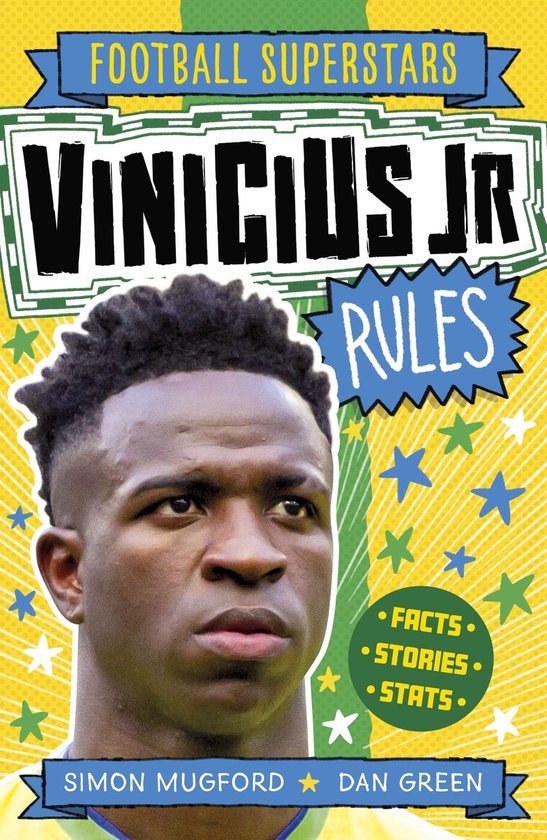 Voetbalsuperster Vinicius Jr. met de tekst "Vinicius Jr Rules" en "Facts Stories Stats".
