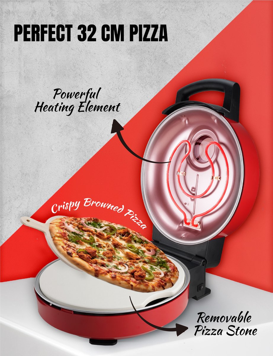 Bestron Turbo Pizzaoven voor pizza's in 5-10 minuten, elektrische pizzaoven met echte maximumtemperatuur van 320°C, inclusief pizzasteen en 2 grote houten spatels, Viva Italia, kleur: Rood – foto 4