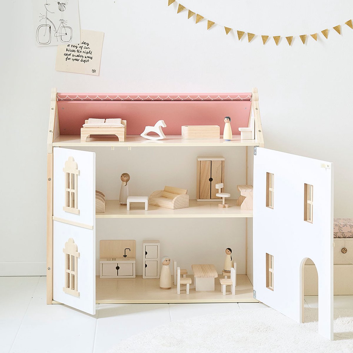 Petite Amélie Houten Poppenhuis Wit & Roze - Victoriaans Poppenhuis - Drie Verdiepingen vol Victoriaanse Charme - Voorzijde en Dak Openen voor Interactief en Creatief Speelplezier — afbeelding 9