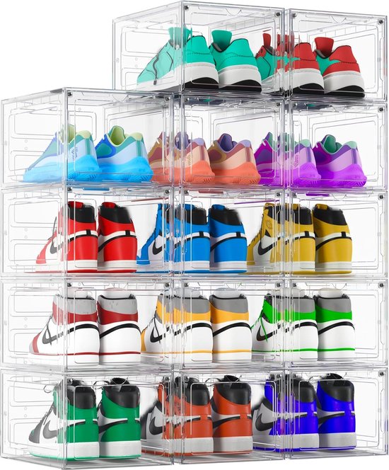 VEVOR Schoenenopbergdozen Stapelbare Schoenendozen  12 Stuks  Geschikt Voor Schoenen Tot Maat 11 Modulaire Plastic Schoenenorganizer Voor Het Opbergen Van Hoge Hakken Laarzen En Hoeden Wit Frame