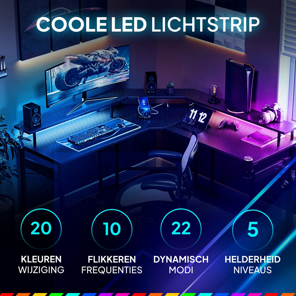 Lugia Hoekbureau - Gaming Bureau - L-Vormig 130cm x 78cm x 48cm - Bureau - Led Verlichtingen - Krasbestendig - Monitor Stand - Stopcontact - Gaming Desk - Game Bureau