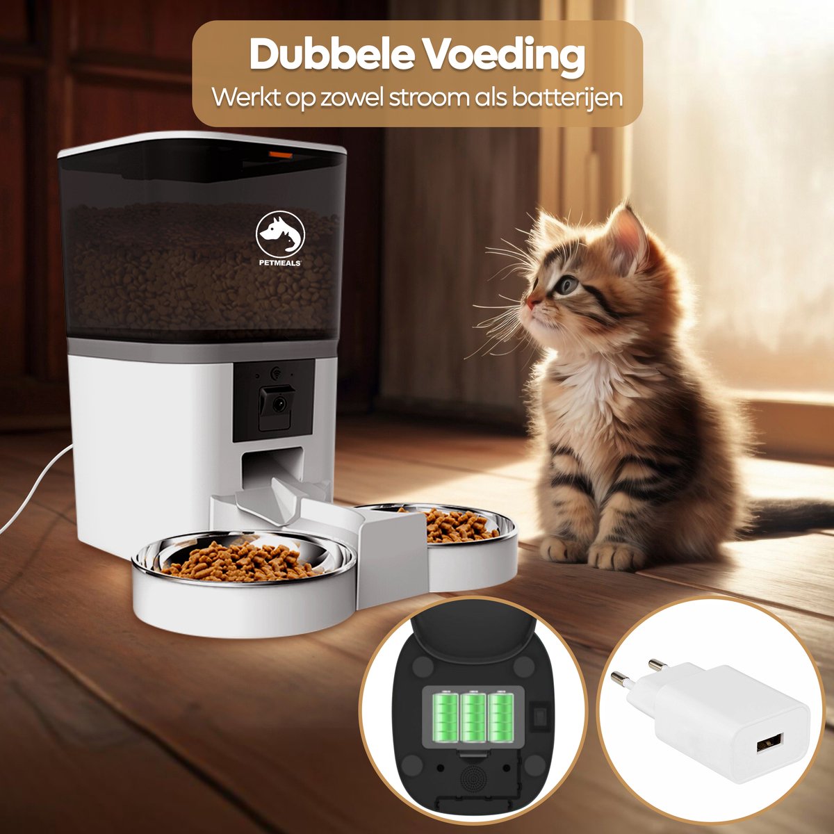 Afbeelding 3 van PetMeals.nl Automatische Voerbak Kat en Hond - Twee Voerbakken - met App en Camera - 6 L - Wit