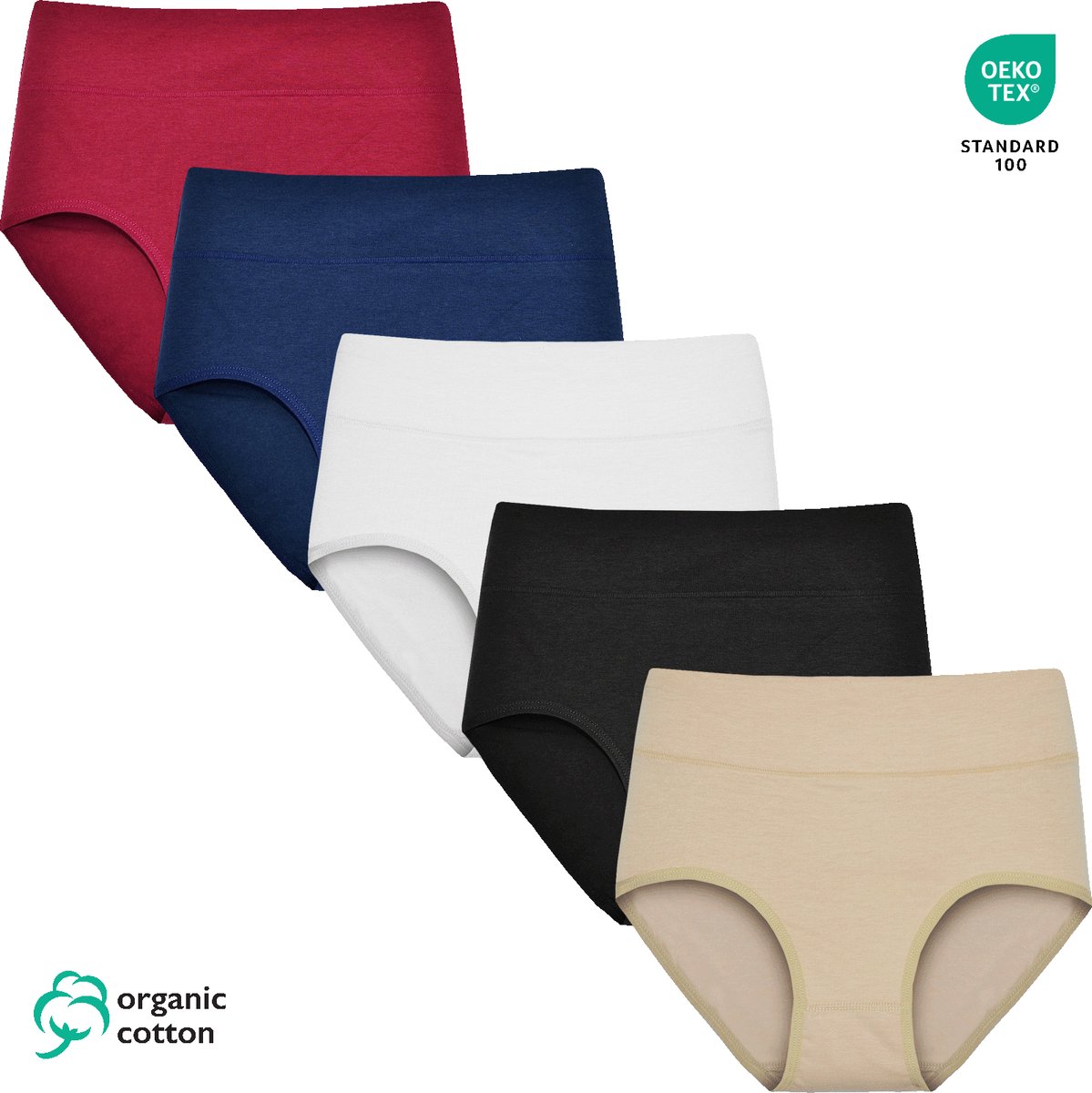 Dames Slip - Hoge Taille Slip - 5-Pack - Maat L - Effen Kleur - Organisch Katoen - Dames Ondergoed - Lingerie