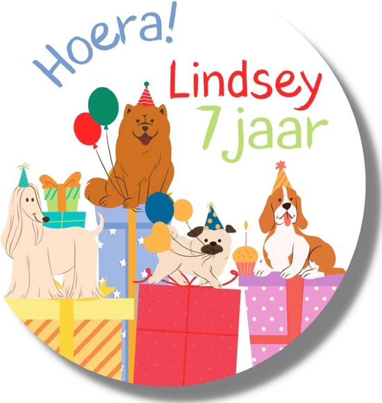 Vier de 7e verjaardag van Lindsey met deze feestelijke hondenstickers, compleet met cadeaus en ballonnen.
