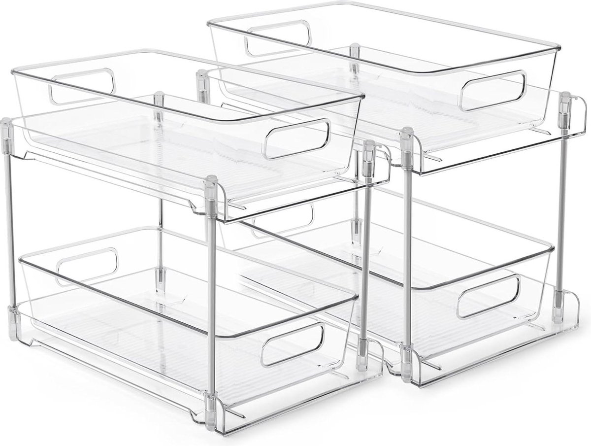2 Tier Badkamer Opslag Onder de Gootsteen - 2 Pack Opslag Organizer Clear - Onder Sink Vanity Storage Container - Medicine Cabinet Laden Bin - Uittrekbare Organisatie voor Badkamer Keukenkast organizer