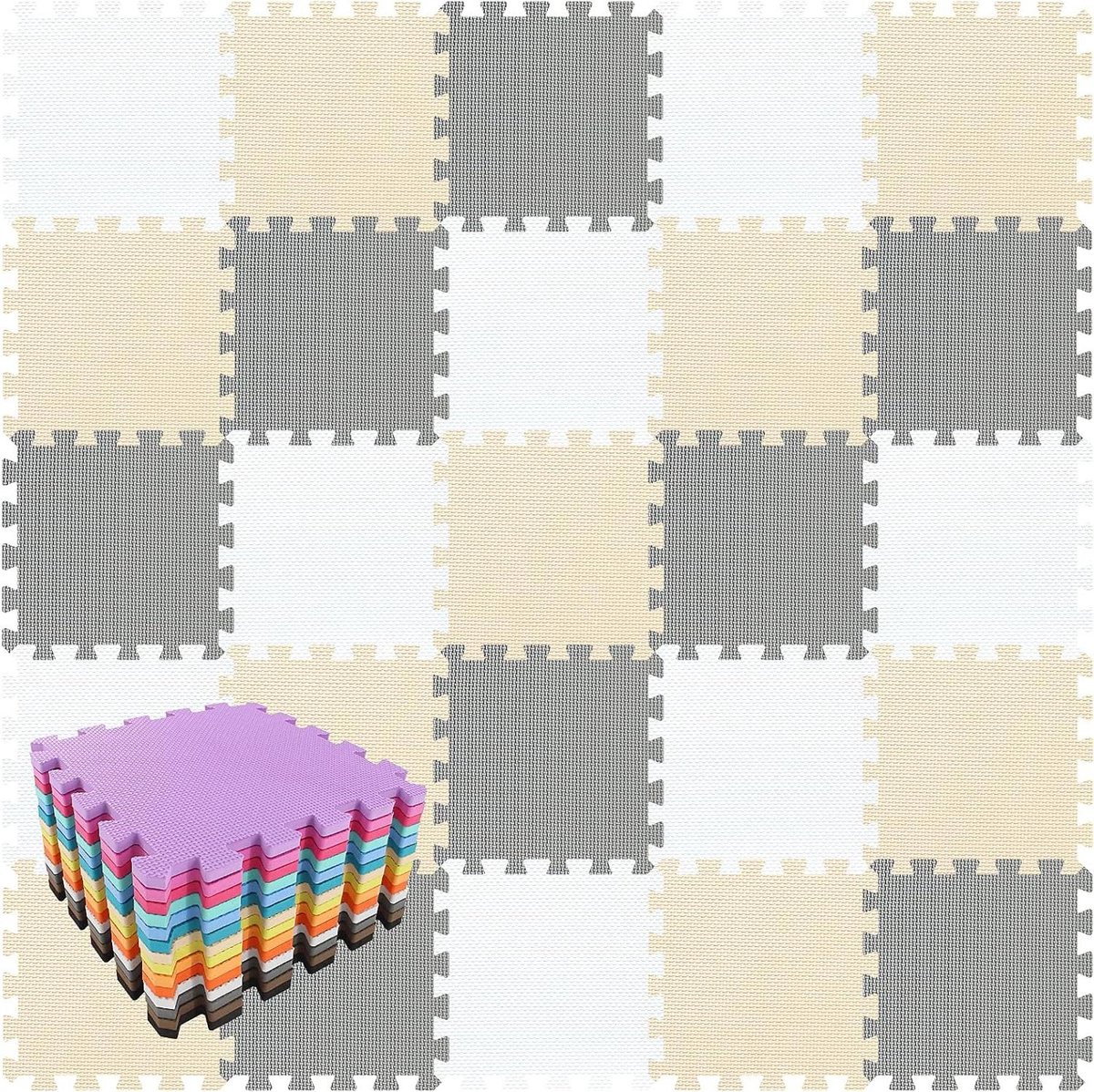 Zacht EVA-schuim speelmat voor baby's grondpuzzelstukken stapelbaar opvouwbaar 18 tegels 30x30x1cm wit beige grijs
