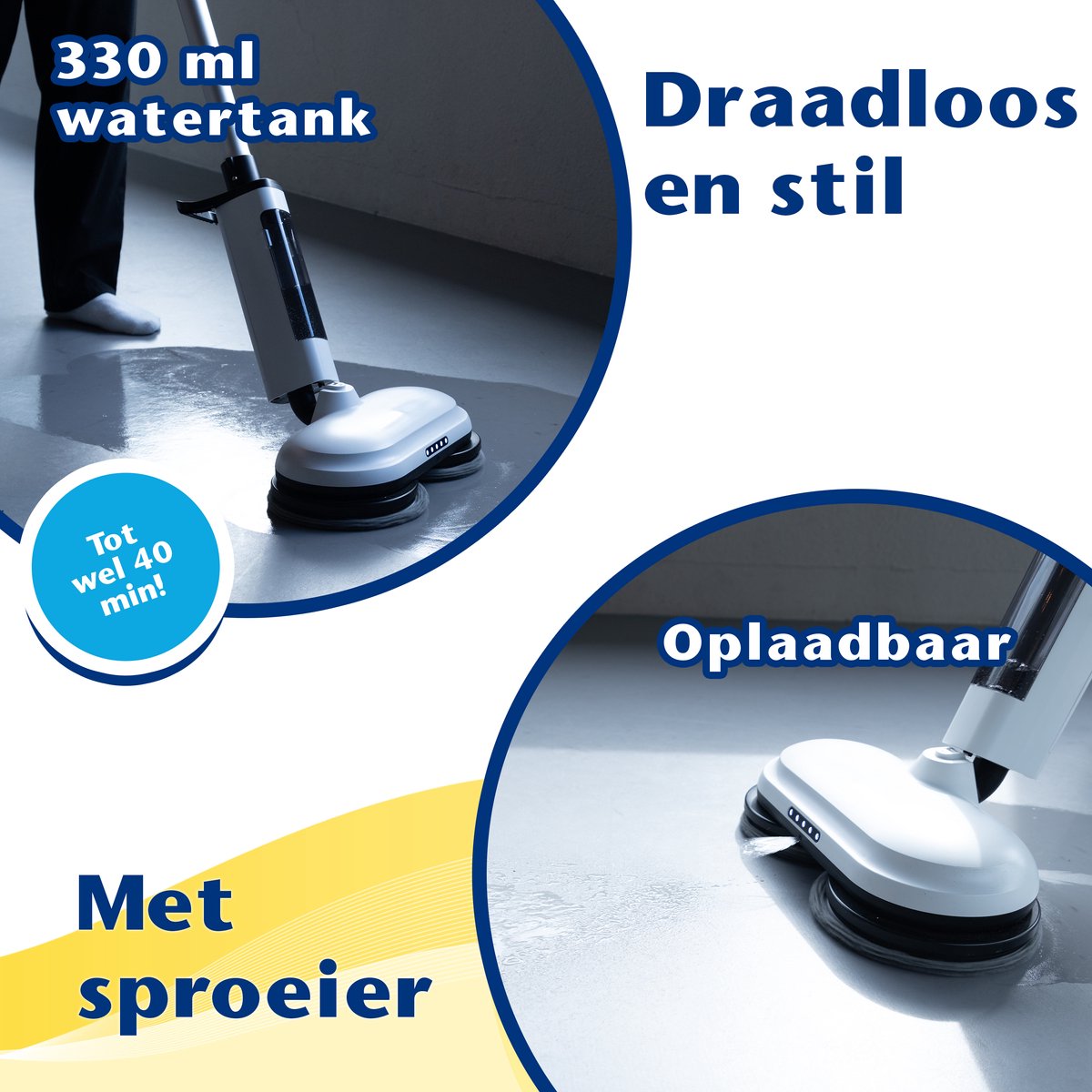 Elektrische Dweil 65W Draadloos - Nat & Droog - Dweilsysteem Elektrisch - Dweilrobot - Vloerwisser Badkamer - Vloerreiniger - Vloertrekker - Dweilapparaat - Dweilsysteem - CleanRite – foto 3