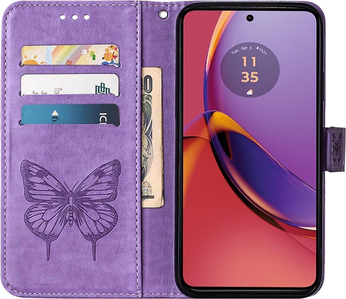 Mobigear Telefoonhoesje geschikt voor Motorola Moto G84 Hoesje | Mobigear Butterfly Bookcase Portemonnee | Pasjeshouder voor 3 Pasjes | Telefoonhoesje voor Pinpas / OV Kaart / Rijbewijs - Paars