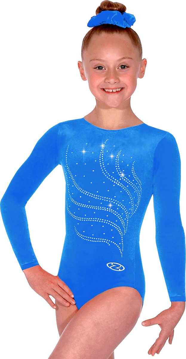 Royalblauw effen velours Tiara turnpakje lange mouwen maat 36 meisjes gympakje blauwe velourse fluweel fluwelen stretch steentjes