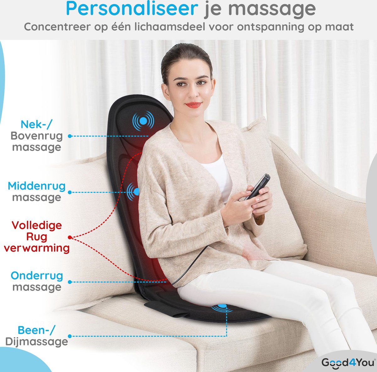 Afbeelding 3 van Good4You® Massagestoel Auto - Massagekussen - Massage apparaat - Rug - Infrarood - Verwarmingsfunctie - Zwart
