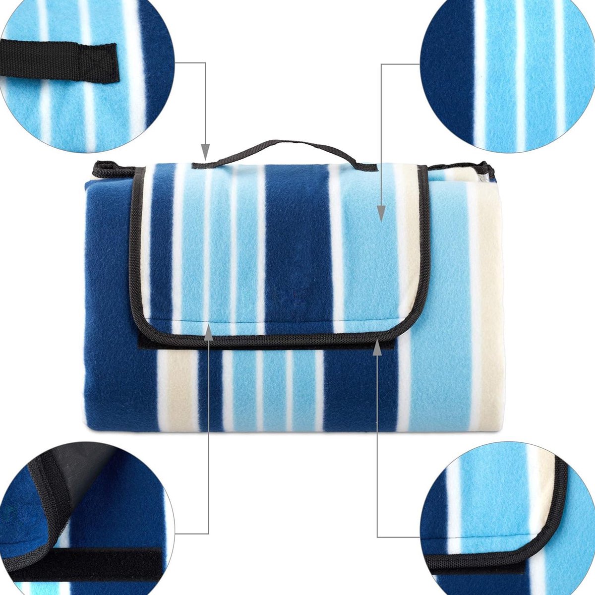 Picknickkleed XXL 200x200 cm - Waterdicht Picknickkleed - blauw/wit - Draagbare en Wasbare Picknickdeken met Handvat - Zandvrij Buitenkleed voor Strand, Camping, Park, Tuin, Wandelen, Barbecue en Picknick - Opvouwbaar Picknickkleed - Gewatteerd — cadeau in Sport & Outdoor - foto 2