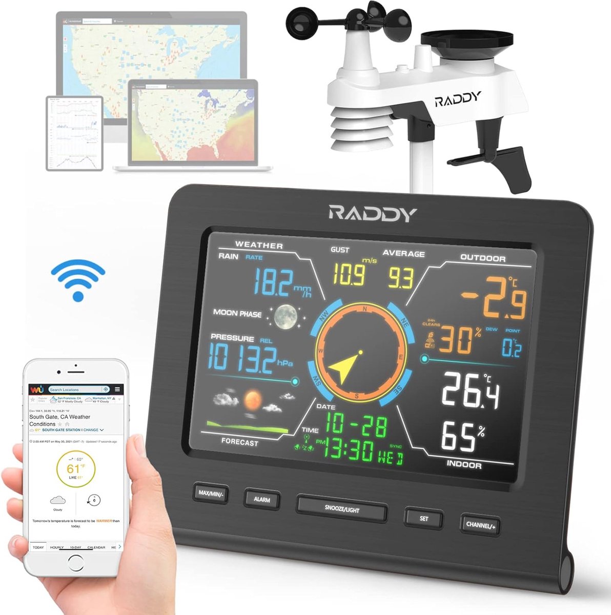 Draadloos 13-in-1 Weerstation voor Binnen en Buiten met Temperatuur, Luchtdruk, Vochtigheid, Anemometer en Regenmeter