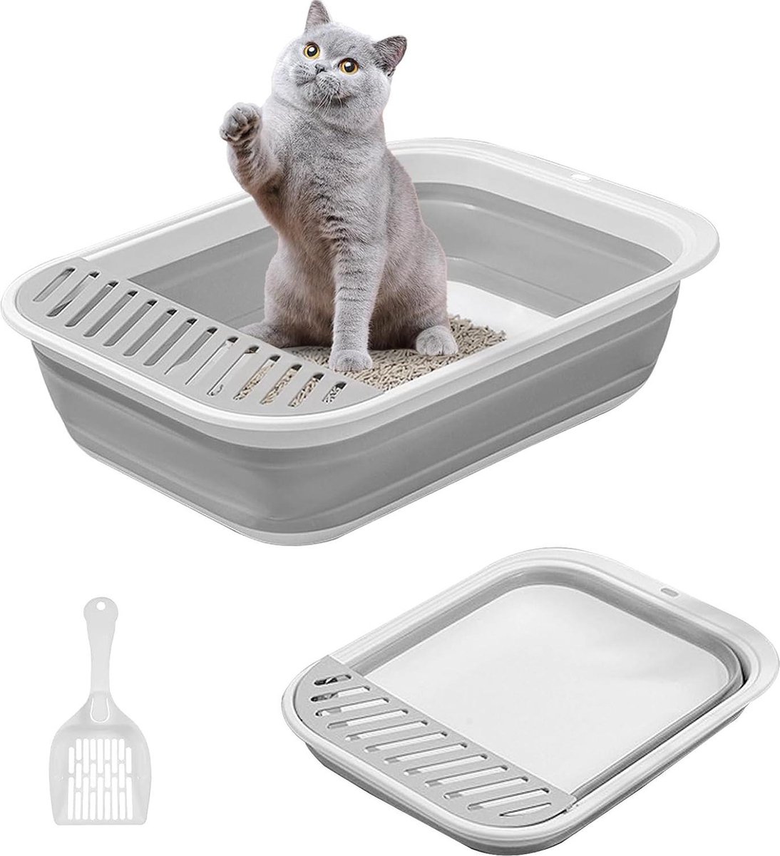 Opvouwbare kattenbak 45x34x125 cm verstelbare zijkanten spatwaterdicht – Grijs S Opvouwbare kattenbak 45x34x125 cm verstelbare zijkanten spatwaterdicht – Grijs S