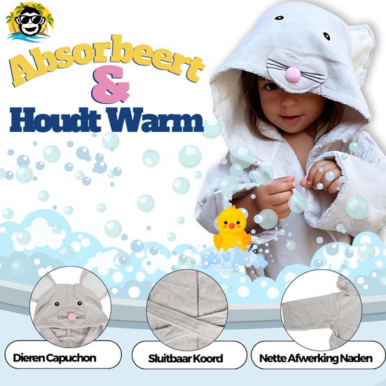 BoefieBoef Muis Kinder Badjas Baby & Peuter 0-2 Jaar (Max 85 cm) – Zacht Katoen Badstof met Dieren Capuchon – Absorberende Ochtendjas Handdoek voor Jongens & Meisjes – Zwemles, Carnaval, Verjaardag & Kraamcadeau – Perfect na Bad & Zwemmen - Grijs — afbeelding 3