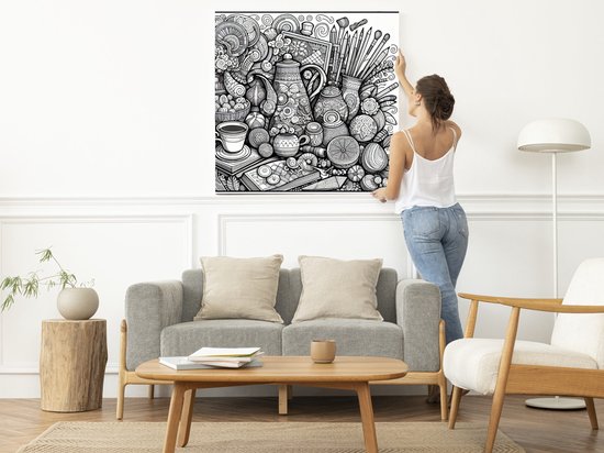 Doodle stilleven schilderij | Woorden in beeld: een levendig stilleven van artistiek gekrabbel | Kunst - 80x80 centimeter op Dibond | Foto op Dibond