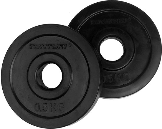 Foto: Tunturi halterschijven halter gewichten 2x0 5kg 30mm rubber incl gratis fitness app