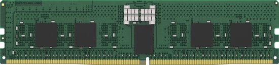 Groene DDR5 RAM-module met gouden contacten, zwarte chips en tekst.