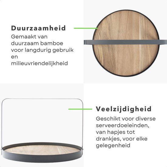Detail van ronde bamboe serveerplank met metalen frame, rond en onderaan.