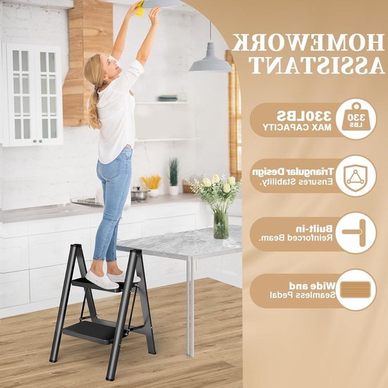 Aufun Trapladder, 2 treden, vouwladder met breed anti-slip pedaal Aufun Trapladder, 2 treden, vouwladder met breed anti-slip pedaal