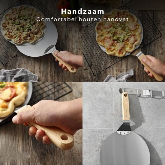 Collage van Pizzaschep: pizzas serveren, vasthouden en opbergen aan een haak.