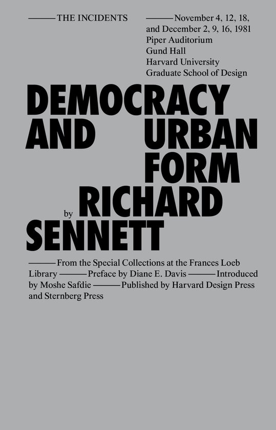 Boekomslag met de titel 'Democracy and Urban Form' door Richard Sennett. Titel in grote zwarte letters.
