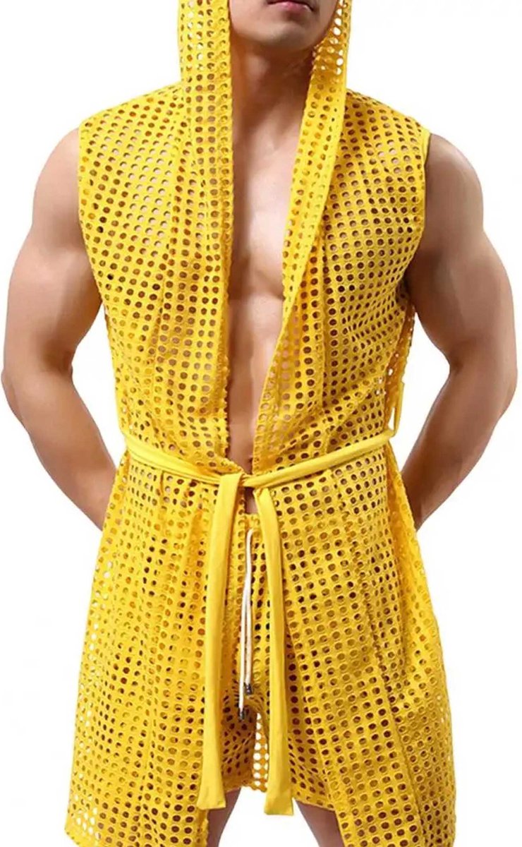 Goedkoopste Transparante heren badjas - Capuchon - Geel - Sexy en erotisch - Polyester