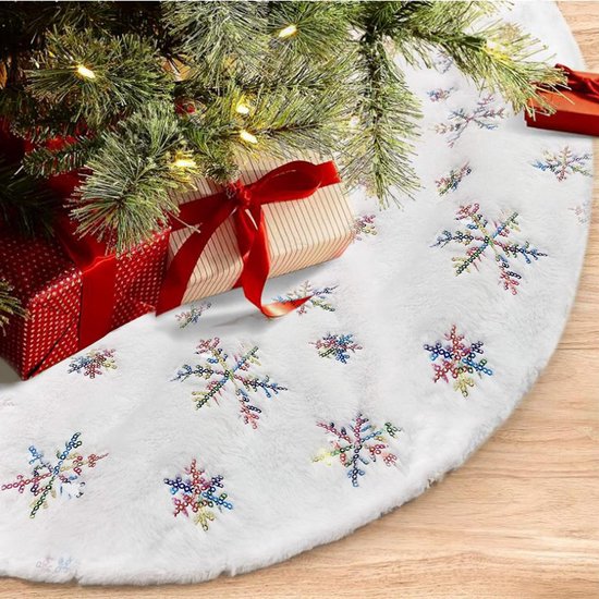 Elegante Kerstboomrok - 122 cm - Wit met Kleurrijke Sneeuwvlokken en Luxe Afwerking-Een Feestelijke Toevoeging aan Je Kerstdecoratie
