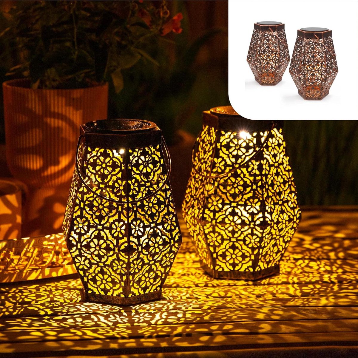 Lantaarn op Zonne-Energie Hexagon - Set van 2 - Tuinverlichting voor Buiten - LED Lamp - Koperkleurig Metaal