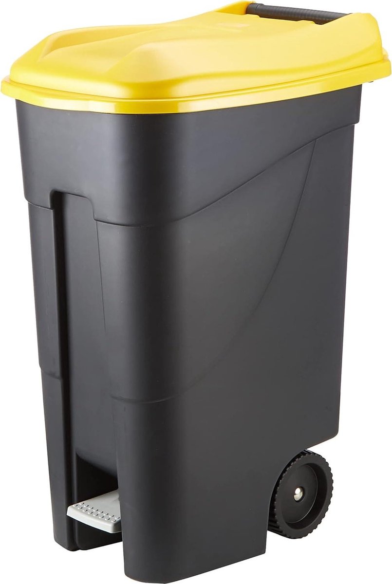 Afvalemmer met wielen en pedaal - 80 liter - zwart/geel