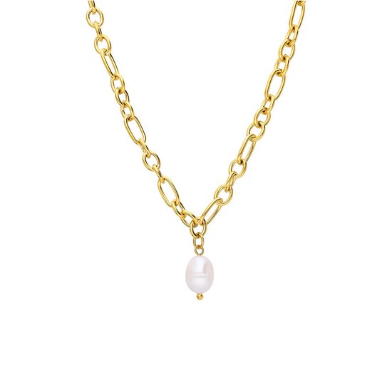 Foto: Lucardi dames stalen goldplated ketting met parel ketting staal goudkleurig 47 cm