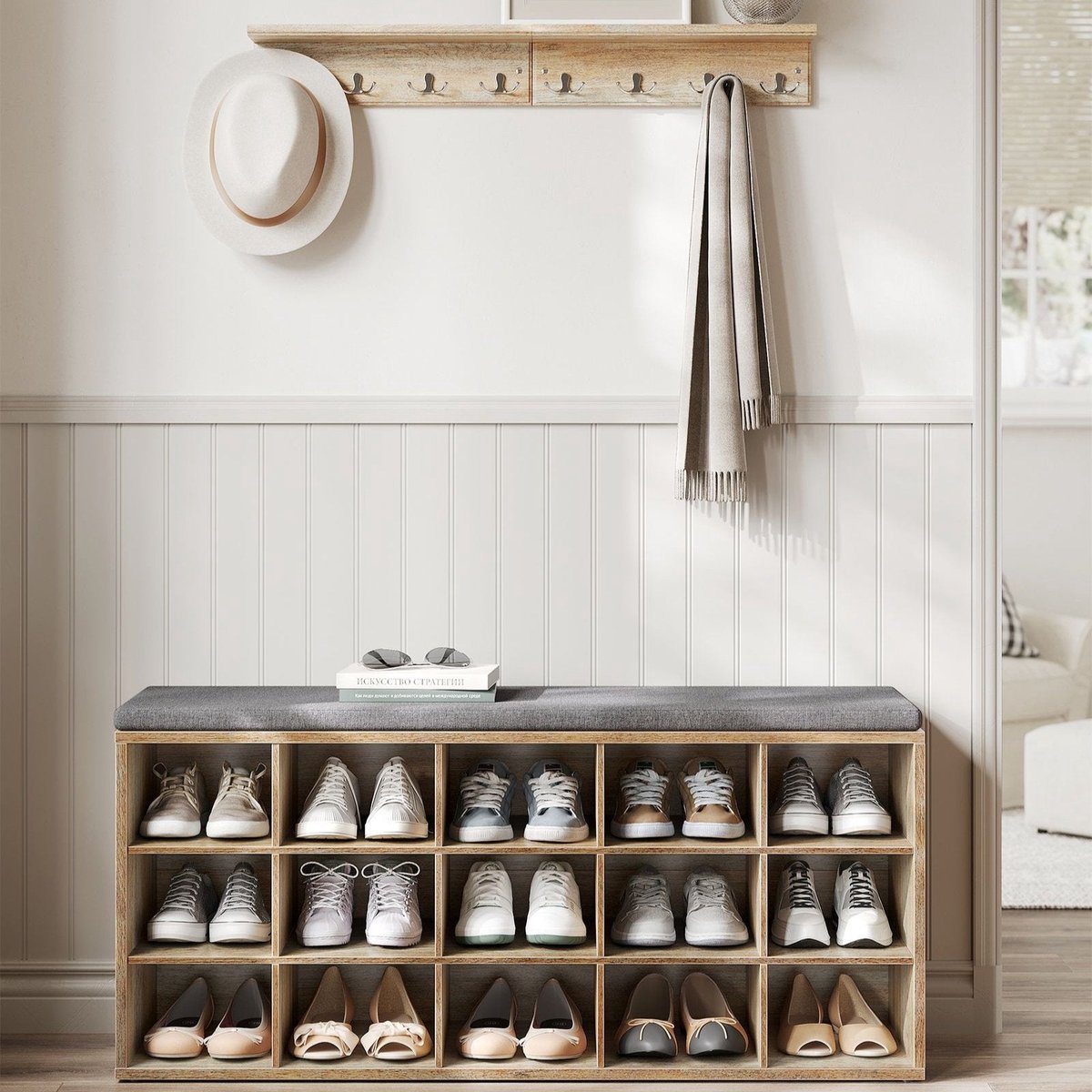 Klompenbank Schoenenrek Opbergbank Spaanplaat en schuim 30 cm x 105 cm x 48 cm 200 kg laadvermogen