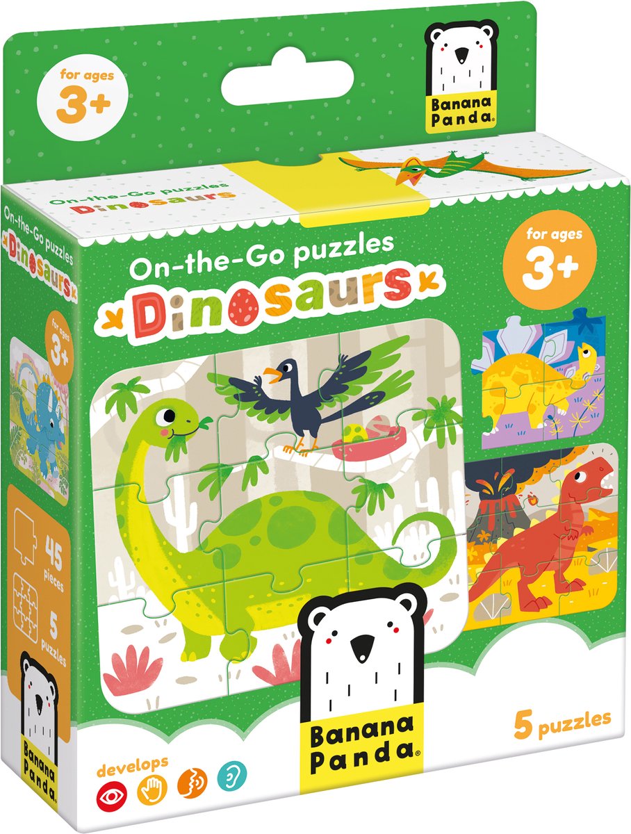 Banana Panda On-the-Go Puzzel dinosaurussen 3+ - VIJF puzzels van 9 stukjes - Leuk puzzel speelgoed