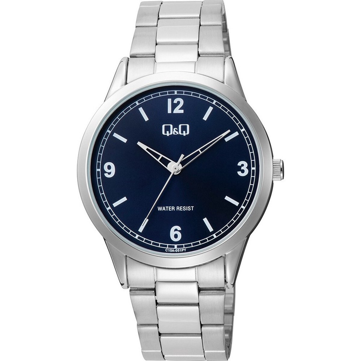 QQ C10A-051PY - Horloge - Analoog - Heren - Mannen - stalen band - Rond - Metaal - Cijfers - Streepjes - Zilverkleurig - DonkerBlauw