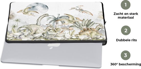Laptophoes 17 inch - Dinosaurus - Kinderen - Jungle - Groen - Dieren - Natuur - Laptop sleeve - Binnenmaat 41x28 cm - Zwarte achterkant