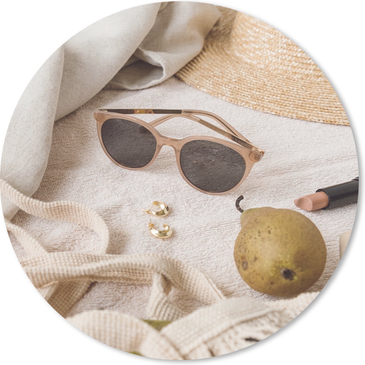 Muismat rond 20x20 cm - Mousepad Zomer - Zonnebril - Hoed - Fruit - Ronde muismatten